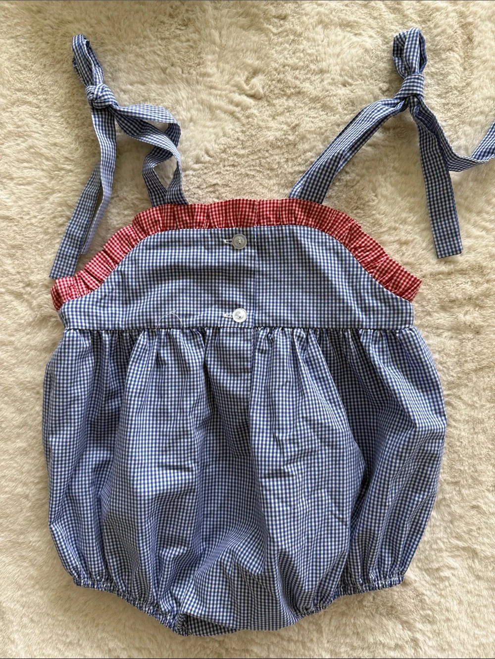 Sticky Fish USA Flag Smocked Blue Gingham Bubble Rompers Set - Size 9 months